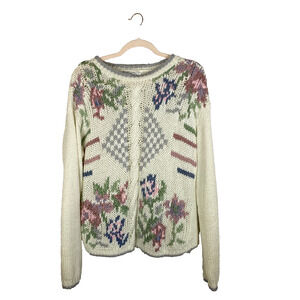 Vtg 90s Sweater Sz L Open Knit Floral Nuggets Cottagecore Coquette READ Granny